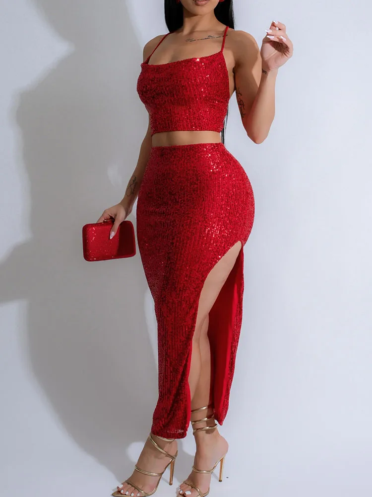 Cami Top Lace - Glitzerndes Pailletten-Party-Maxikleid-Set für Damen, 2-teiliges Outfit,